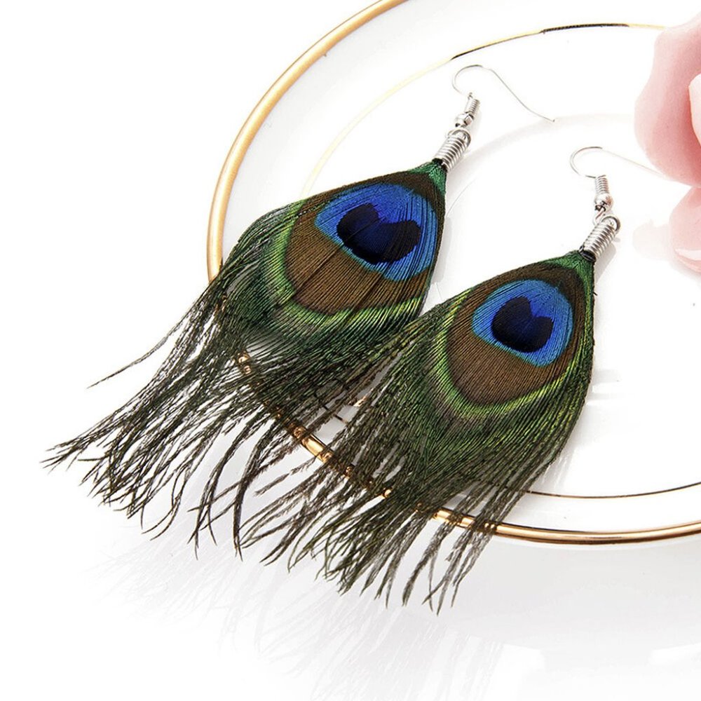 brand new Bohemian Peacock Eye Feather Dangle Earrings w/ French Ear Hook
